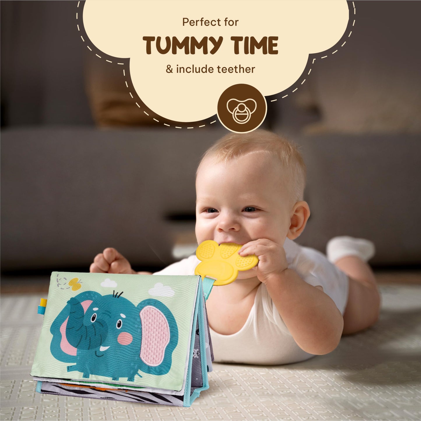 TINITIGIES Tummy Time Mirror for Babies - High Contrast Baby Mirror Book with Silicone Teether & Crinkle Pages - Tummy Time Toys for Babies 0 3 6 9 Months