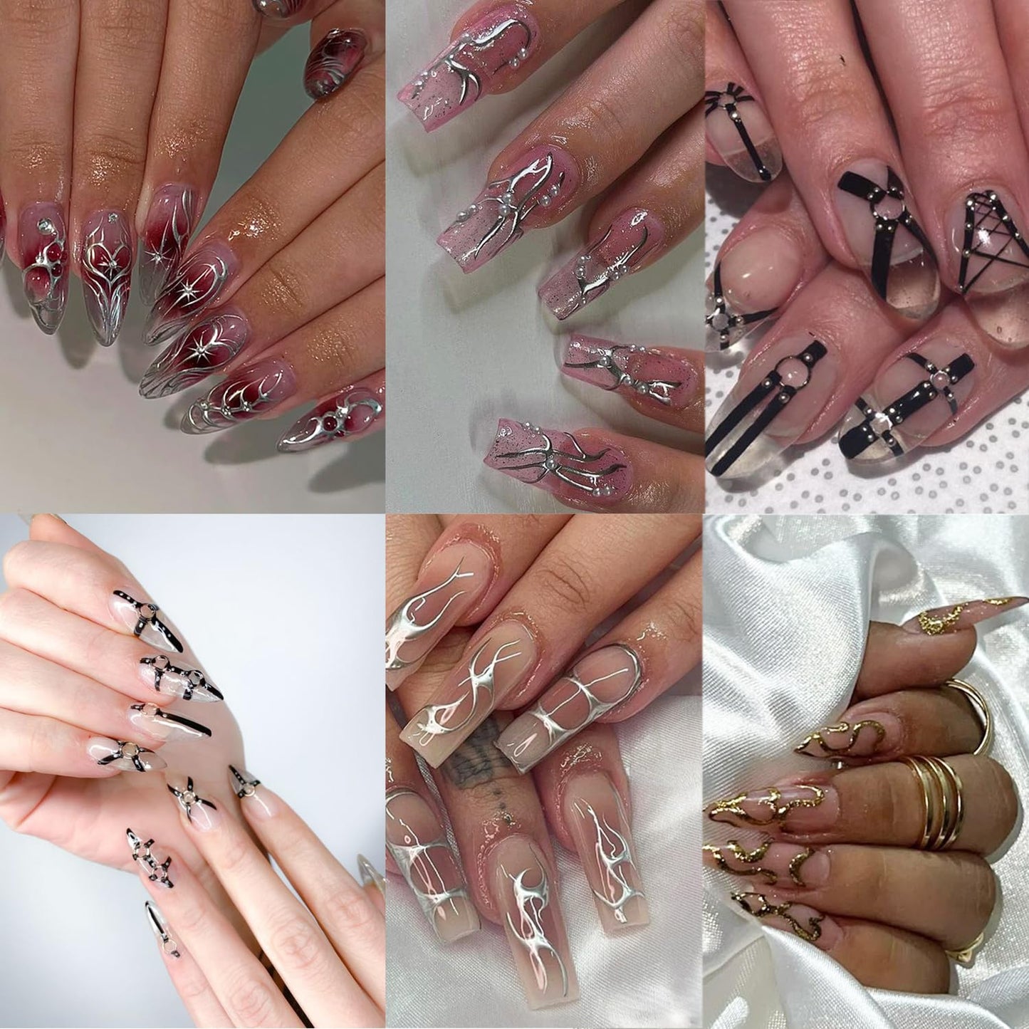 8 Sheets Goth Nail Stickers for Nail Art 3D Punk Style Black Belt Nail Art Stickers Gold Silver Flame Lines Nail Decals Self-Adhesive Centipede Pattern Irregular Geometric Lines Nail Design for Women