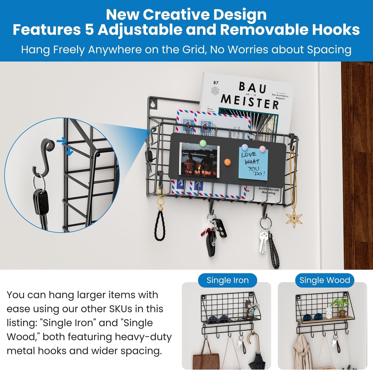 Baeymonkay Easy Assembly and Installation Iron Key Holder Wall Mount, Mail Organizer for Wall, Matte Black Finish, Extra Large Storage Space for Mail, Mail Holder Features 5 Hooks, Key Rack Hanger