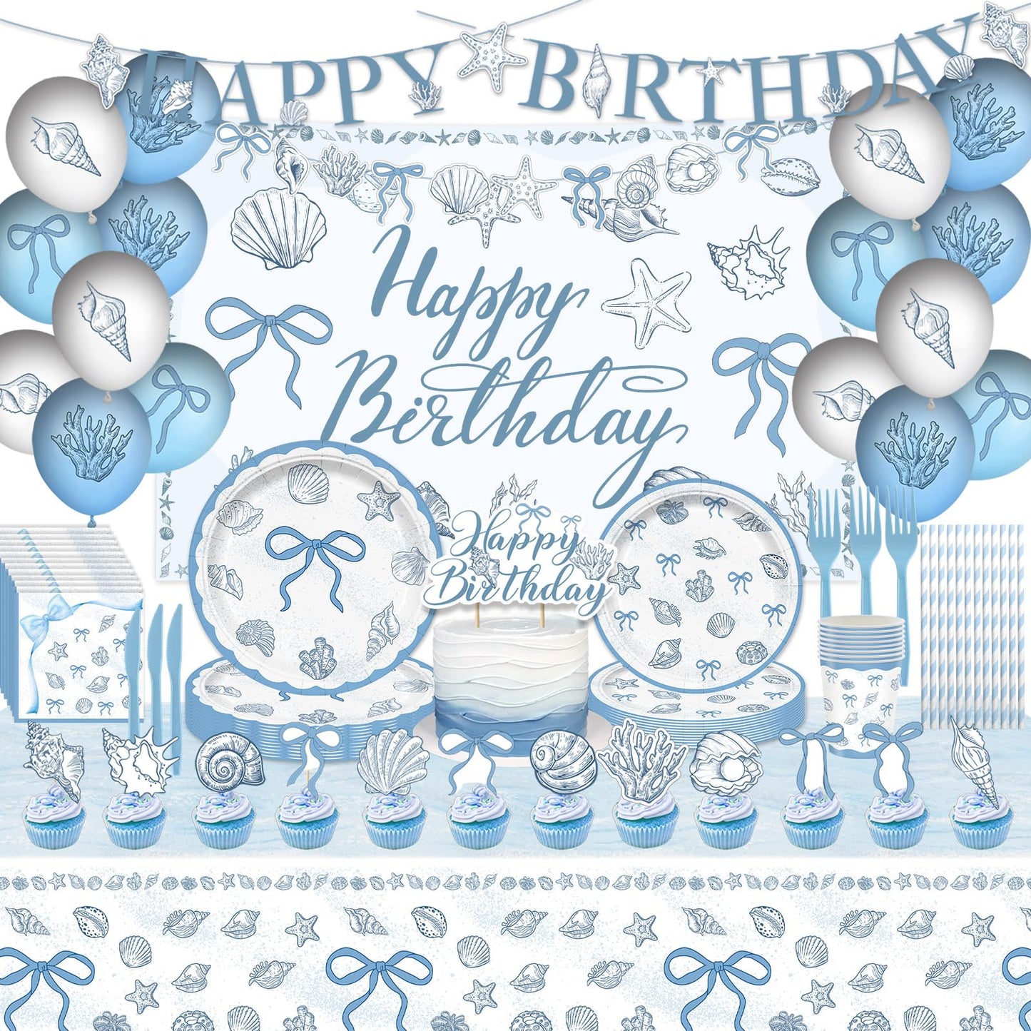 Seashell Birthday Party Decorations Include Balloons-Cake Topper-Cupcake Toppers-Banner-Backdrop-Plates-Beach Tablecloth-Napkins-Cups-Straw and Cutlery for The Summer I Turned Pretty Party Decor