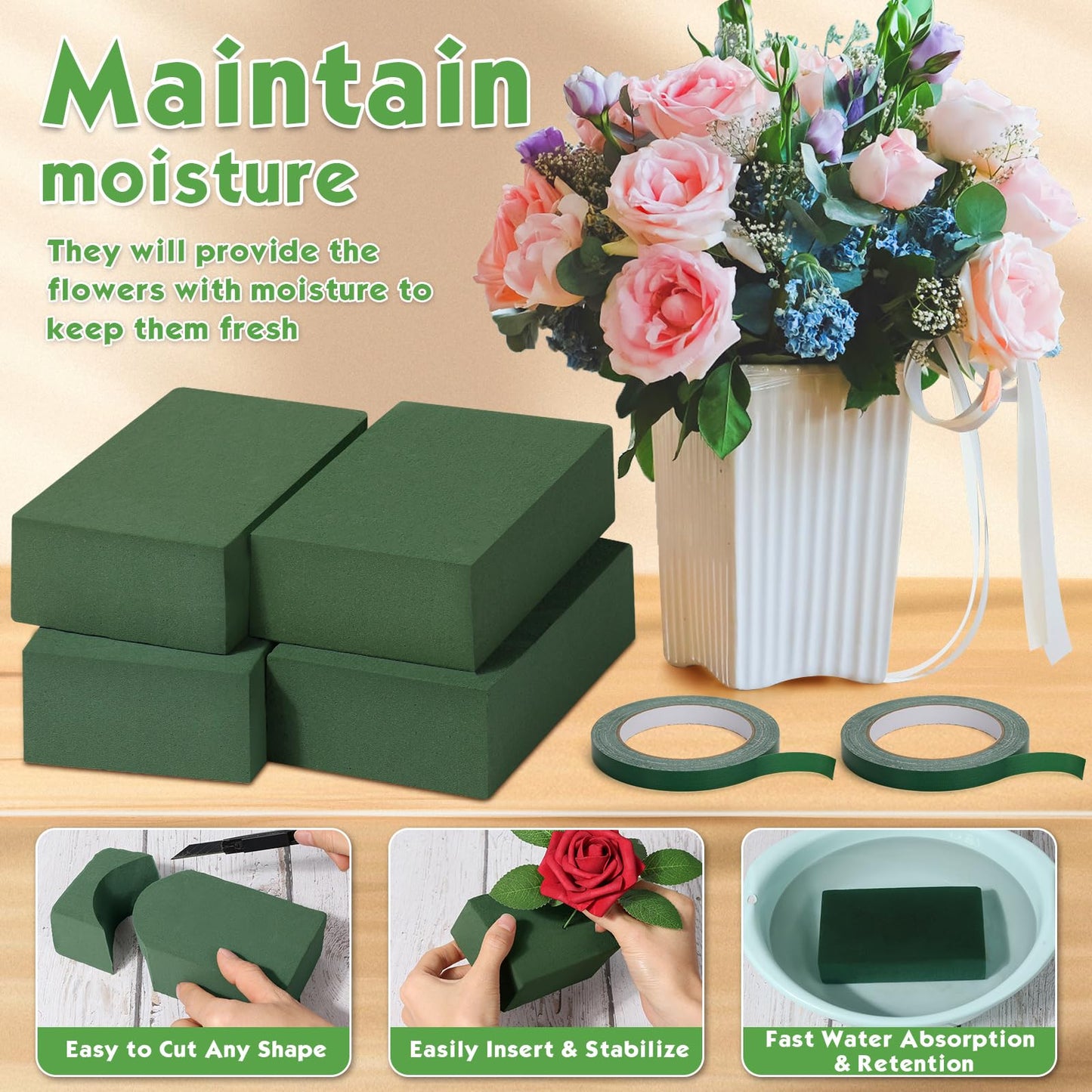 MAPVOLUT 10 Pcs Small Floral Foam Blocks 5.5” x 3.1” x 1.7”, with 2 Rolls Waterproof Floral Tape - 12mm x 65.62ft, for Fresh or Artificial Flower Arrangements, DIY Wedding, Home Decor, and Crafts