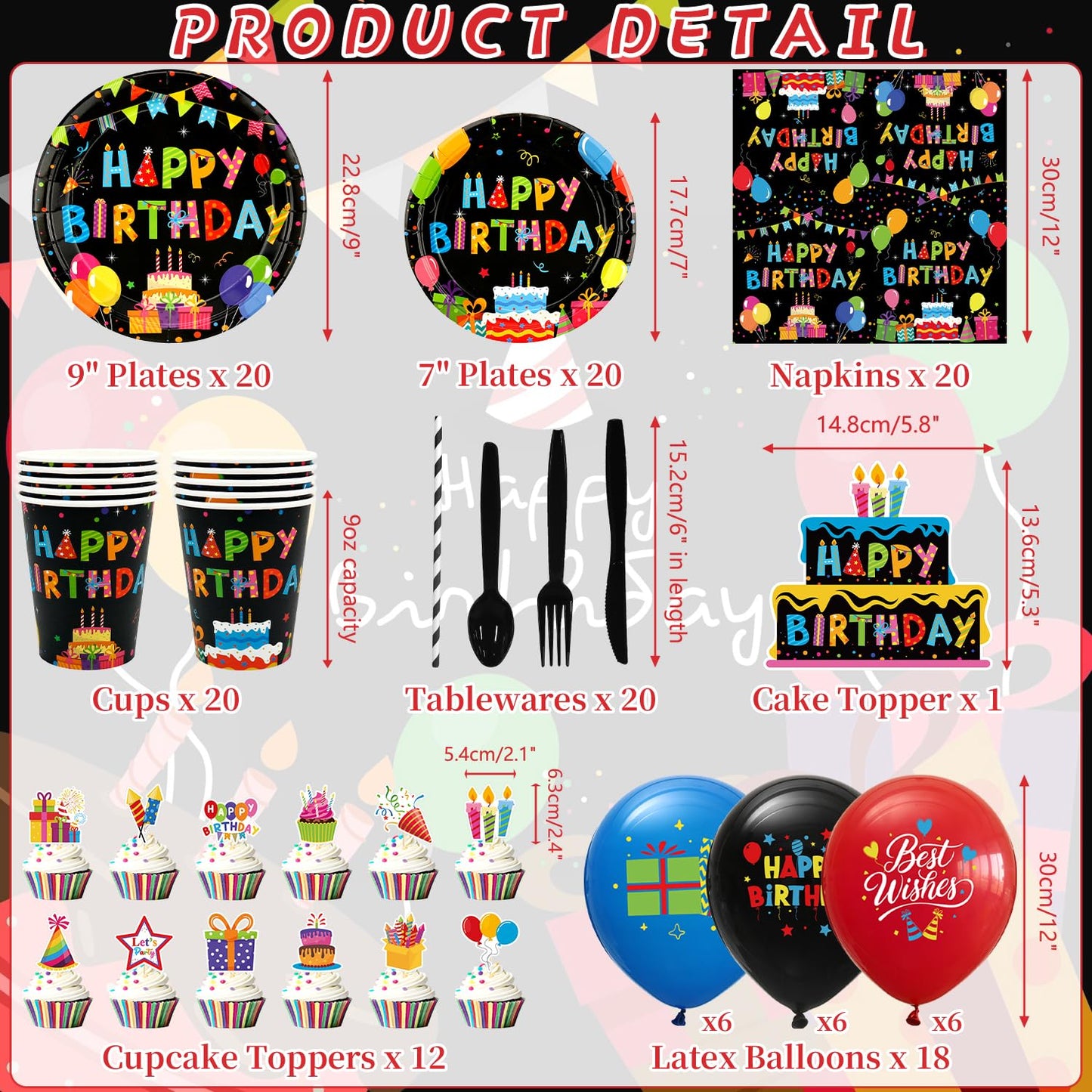 Obussgar Colorful Black Party Decorations - Black and Colourful Party Supplies including Backdrop, Plate, Cake Topper, Cup, Napkin, Balloon, Tablecloth - Serves 20