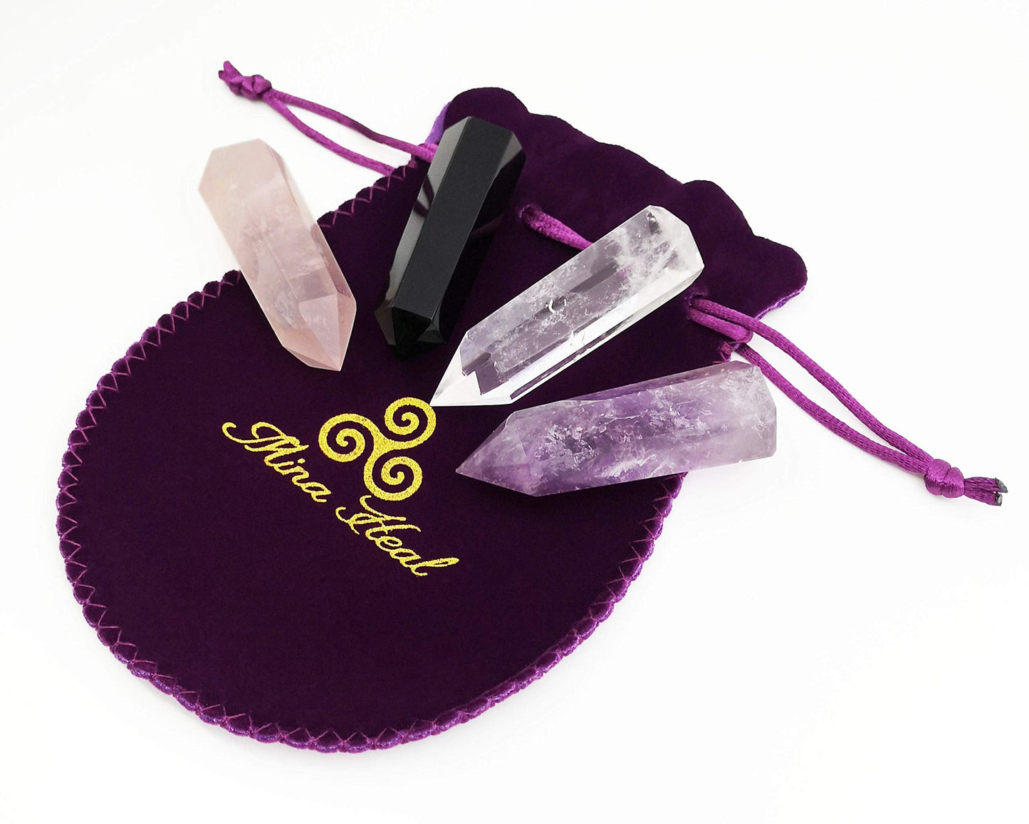 Set of 4 Healing Crystal Wands | Amethyst Crystal, Clear Quartz Crystal Wand & Rose Quartz Crystal Points,Black Obsidian| 6 Faceted Reiki Chakra Meditation Therapy
