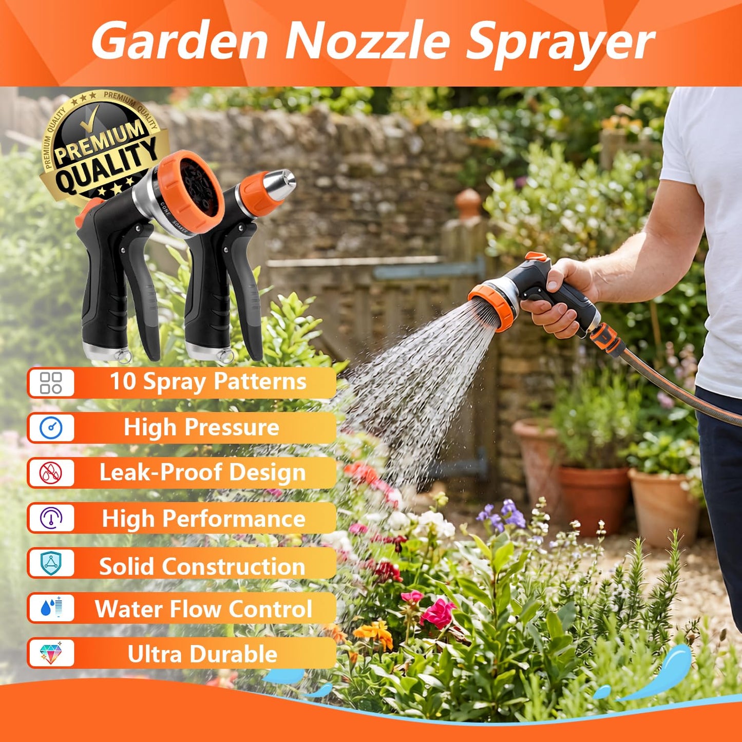 HOOFUN 2 Pack Garden Hose Nozzle: High Pressure Water Hose Sprayer with 10 & 2 Spray Patterns - Lightweight & Rust-Proof Handheld Spray Gun (Black)