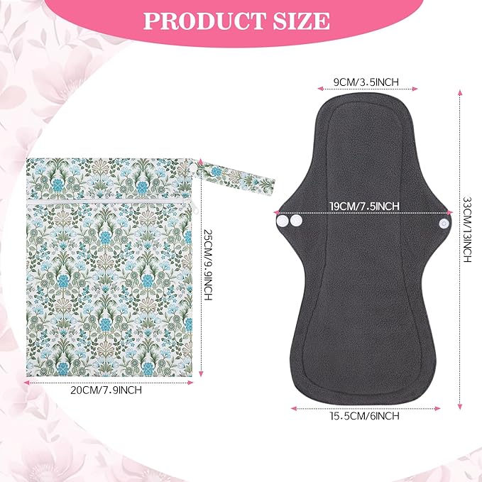 PHOGARY 7 Pack Reusable Menstrual Pads Large Sanitary Pads Set for Heavy Flow with 1 Wet Bag, Washable Overnight Cloth Panty Liners with Wings for Women, 33cm