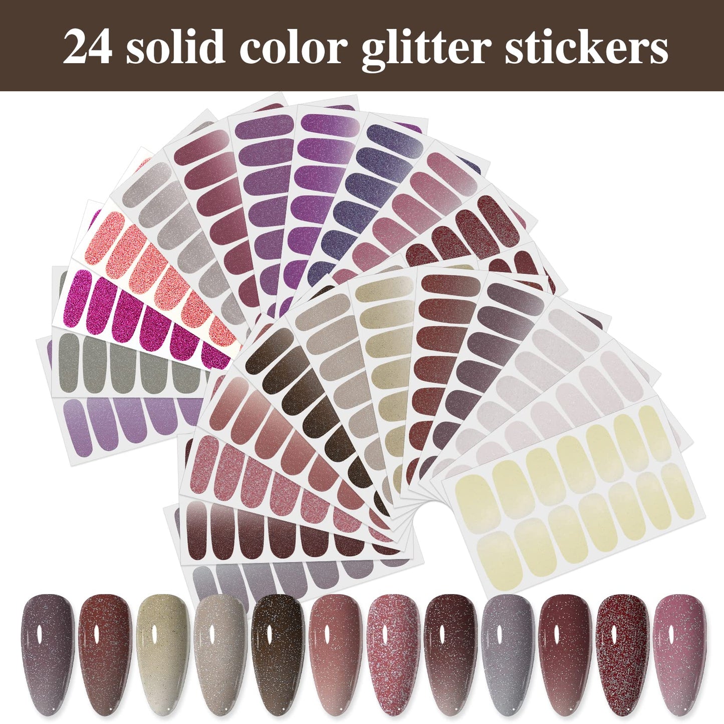 YECIRALA 24 Sheets 336 Pcs Solid Glitter Nail Stickers for Women Nail Art Strips, Nail Polish Stickers Stick On Nails Polish Strips Gel Nail Stickers Decal Designs Stickers Full Wraps
