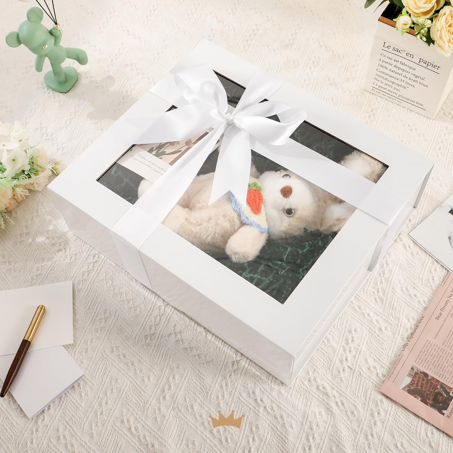 PACKQUEEN Extra Large White Gift Box with Window, 16.3x14.2x5 Inches Clear Gift Box for Present Contains Ribbon, Card, Bridesmaid Proposal Box with Lid (Glossy White)