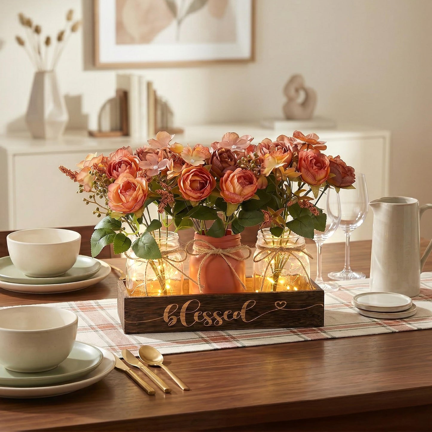 Fancyplus 3 Pcs Mason Jar Centerpiece with Wood Tray & LED Light, Farmhouse Table Decor for Dining Room Kitchen Living Bathroom, Orange