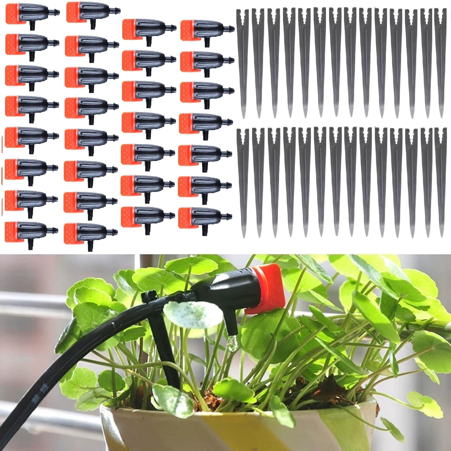 60PCS Garden Irrigation Dripper,Drip Emitters for 1/4" Drip Irrigation Tubing with Support Stakes, Adjustable Water Flow Drippers Watering Dripper Sprinkler for Watering System for (4-7mm) Hose (60)