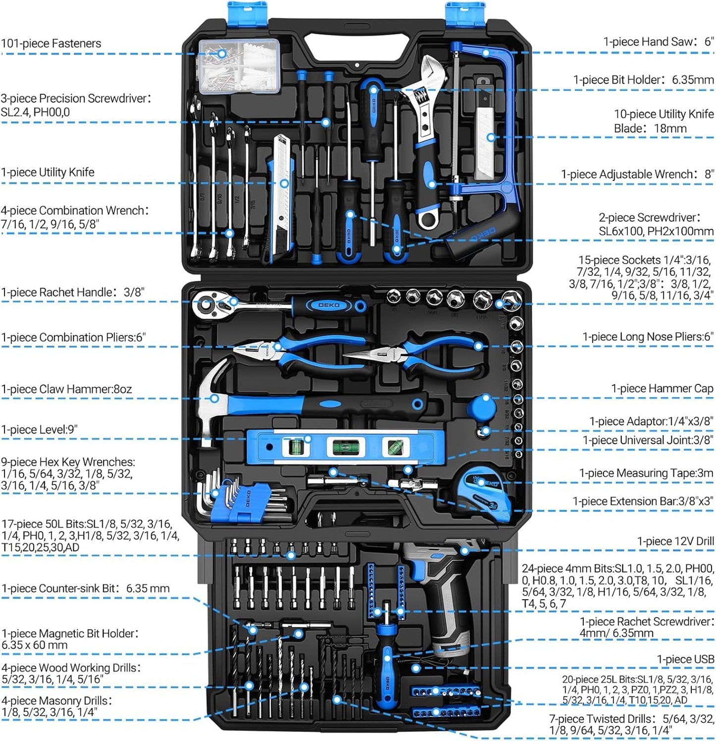 Tool Set: Tool Kit with 12V Cordless Drill, Hand Toolbox with storage case, Mechanic Tool set for Home Repairs, Blue