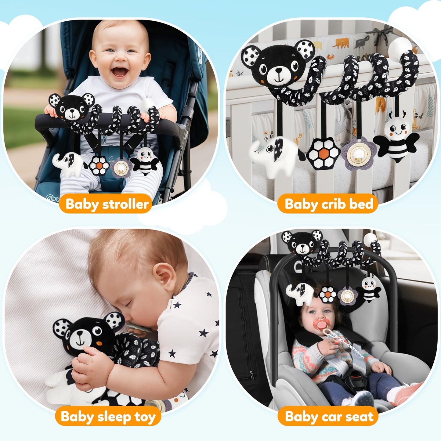 GKDOMS Baby Carseat Toy Black & White Rattle Spiral Hanging Activity Stroller Toy for Newborns Boys and Girls - Bear