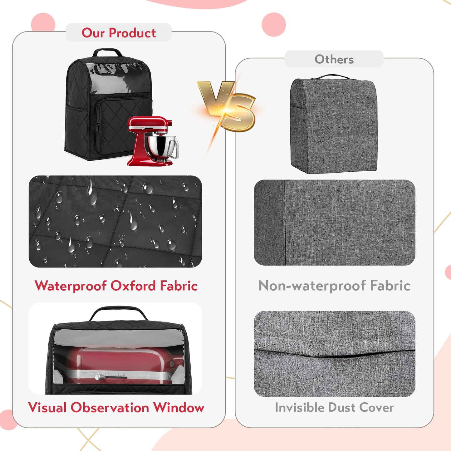 Stand Mixer Cover Compatible with KitchenAid 6/7/8 Quart Bowl Lift Mixers, Washable Appliance Dust Cover with Multi Pockets for Kitchen Aid Accessories and Attachments, Black