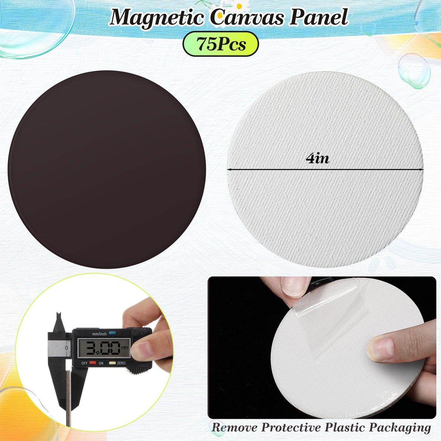 Nezyo 75 Pieces Magnetic Painting Canvas Panel Mini Canvas Boards Mini Canvases Tile Art for Painting Magnetic Fridge Locker Art Paints Crafts DIY Kit(Round,4 Inch)