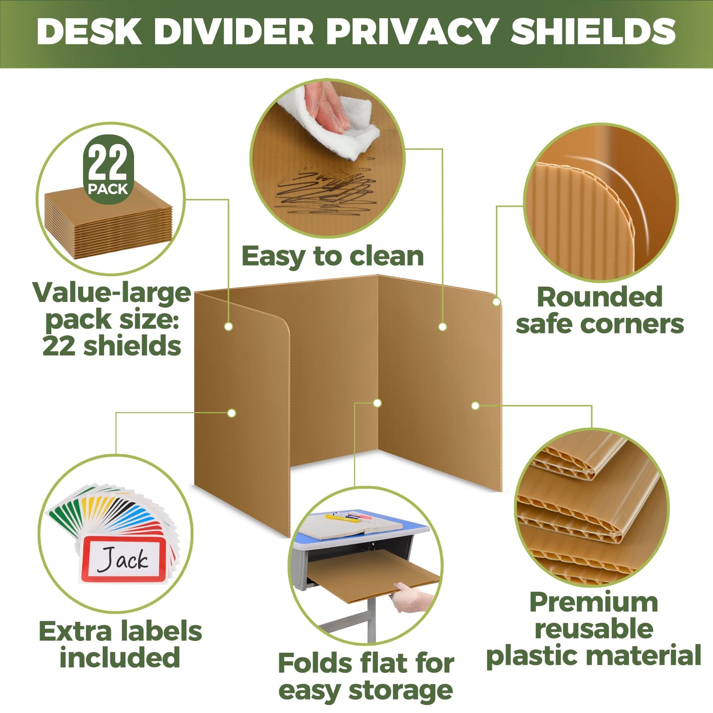 22-Pack Desk Dividers for Students - Durable & Waterproof Plastic Study Carrel Divider, Classroom Folders Teacher Supplies, Easy Clean Plastic Privacy Shield Folder Boards for Student Desks, Brown