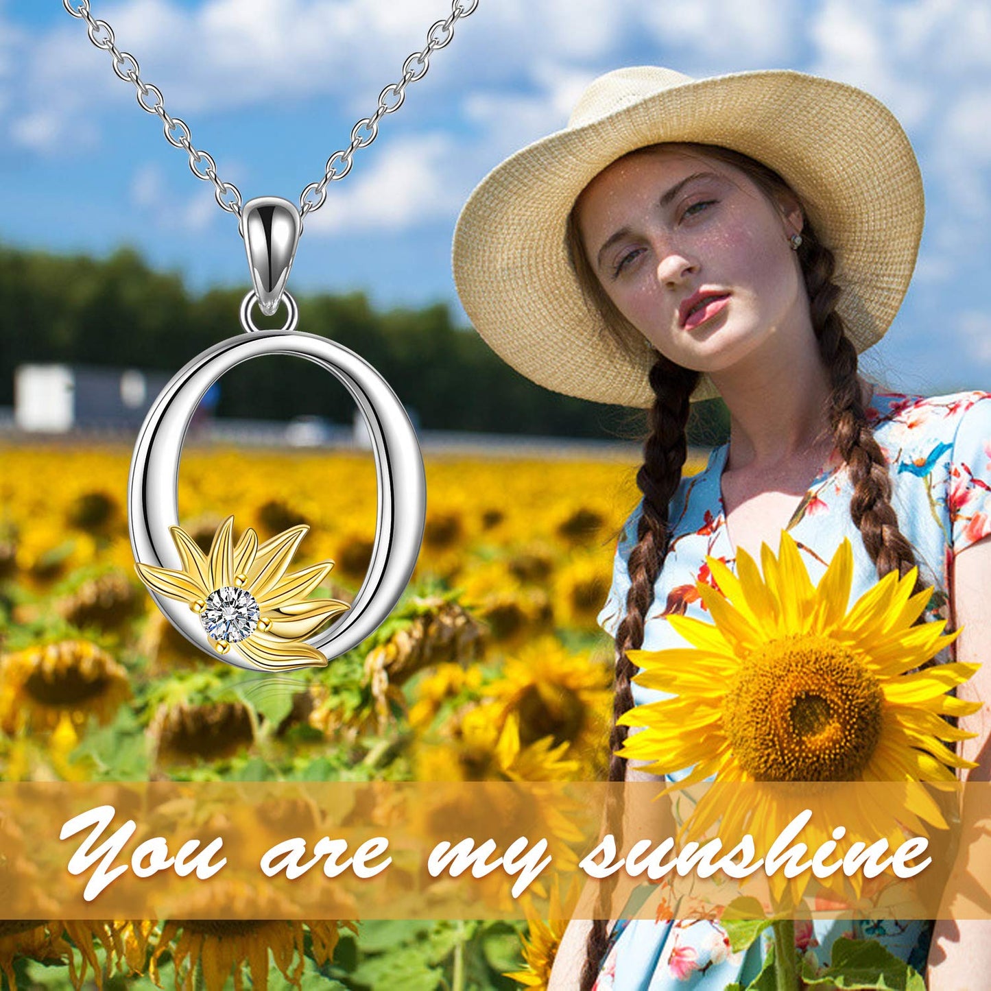 POPLYKE Sterling Silver Initial Alphabet O Letter Script Name Pendant Chain Necklace for Women for (Sunflower O)