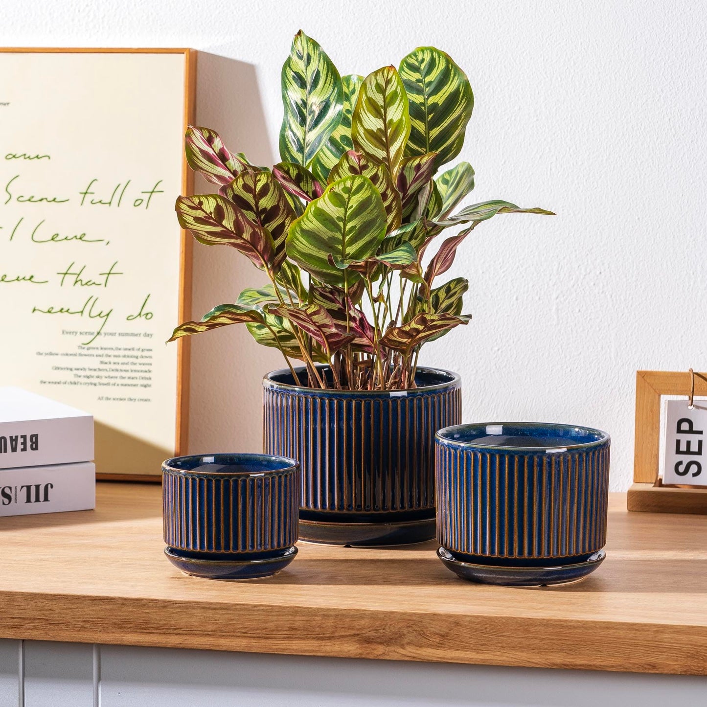 SURE YUESI Navy Blue Ceramic Plant Pots Set of 3 (4.3”+5.5”+6.7”), Indoor Striped Planters with Drainage Hole, Mesh Pads, Decorative Pots for Plants & Gardening