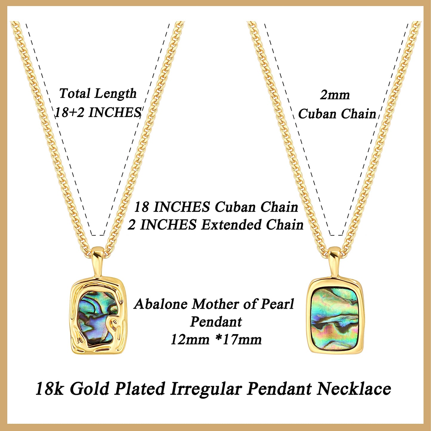 18k Gold Plated Abalone Mother of Pearl Irregular Pendant Necklace Dainty Personalized Handmade Layered Charm Necklace Flake Vintage Rectangle Pendant 2mm Thin Cuban Chain Necklace for Women