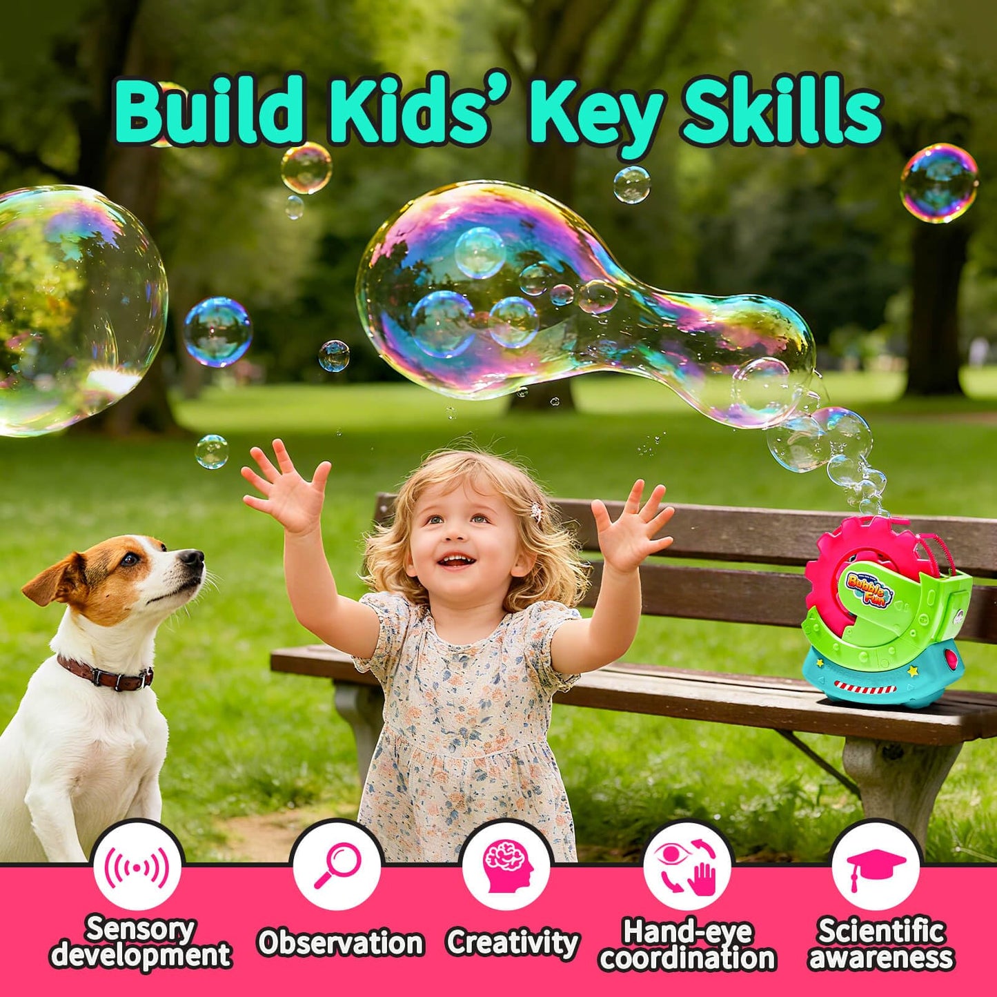 Bubble Machine for Toddlers Kids & Pets, with 8oz Safe Solution, Extra Large & Bubbles in Bubble Maker, Children & Pets Dog Toys Gift, Indoor/Outdoor Birthday Wedding Party Bubble Blower