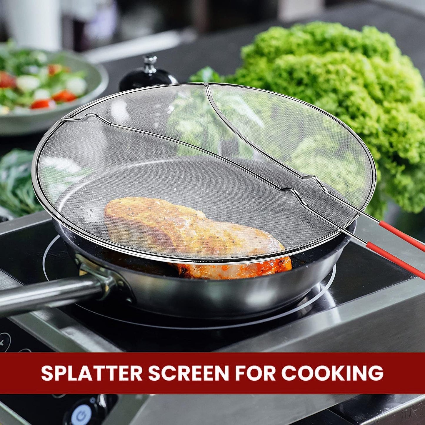 13" Grease Splatter Screen for Cooking | Stainless Steel Oil Splatter Guard and Ultra-Fine Mesh Protects Skin from Burns | Silicone Red Handle