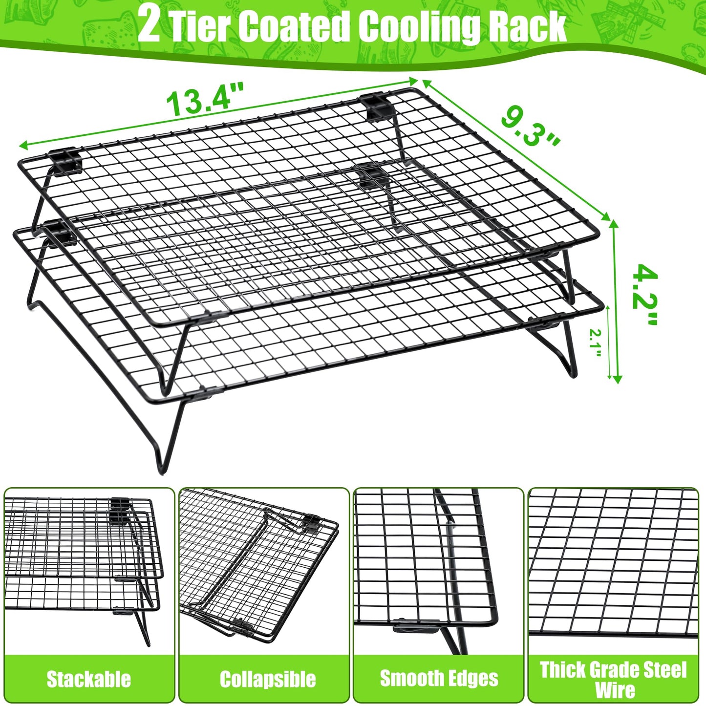 Stackable Cooling Rack for Cooking and Baking, 2 Pack Wire Cooling Rack with Collapsible Legs for Cooling Cookie, Cake, Pizza, Roasting, Grilling, Drying(13.4"*9.3")