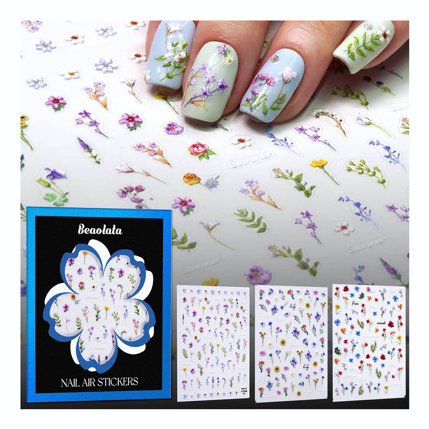 Beaolata Flower Nail Stickers for Nail Art - 3 Sheets 5D Embossed Iridescent Floral Trio Leaf Plant Designs Self-Adhesive Nail Decals for Women Manicure Salon Nails Art Decoration