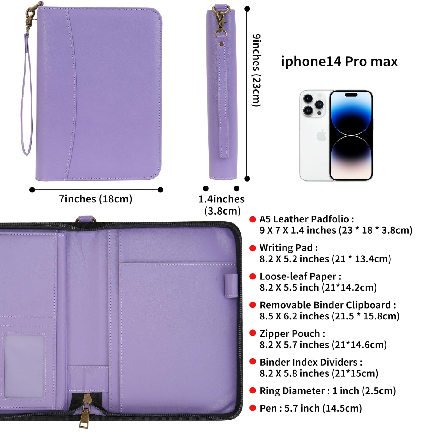 WASON Portfolio A5 Binder Journal with Zipper - Leather pu Writing Notebook Padfolio with Detachable Refillable Notebook, Legal Pad for Business Study and Travel Organizer (Purple)