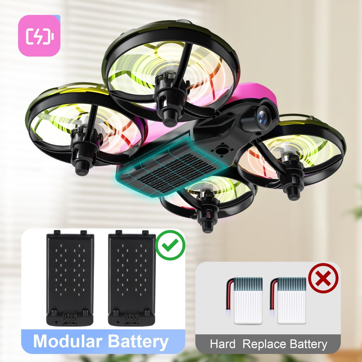 Swifsen Kids Drone with Camera & Optical Flow Positioning - Mini RC Quadcopter with Full Protection Guard, 2 Modular Batteries, Colorful LED Lights - Easy to Fly Gift for Boys & Beginners (Upgraded Version).