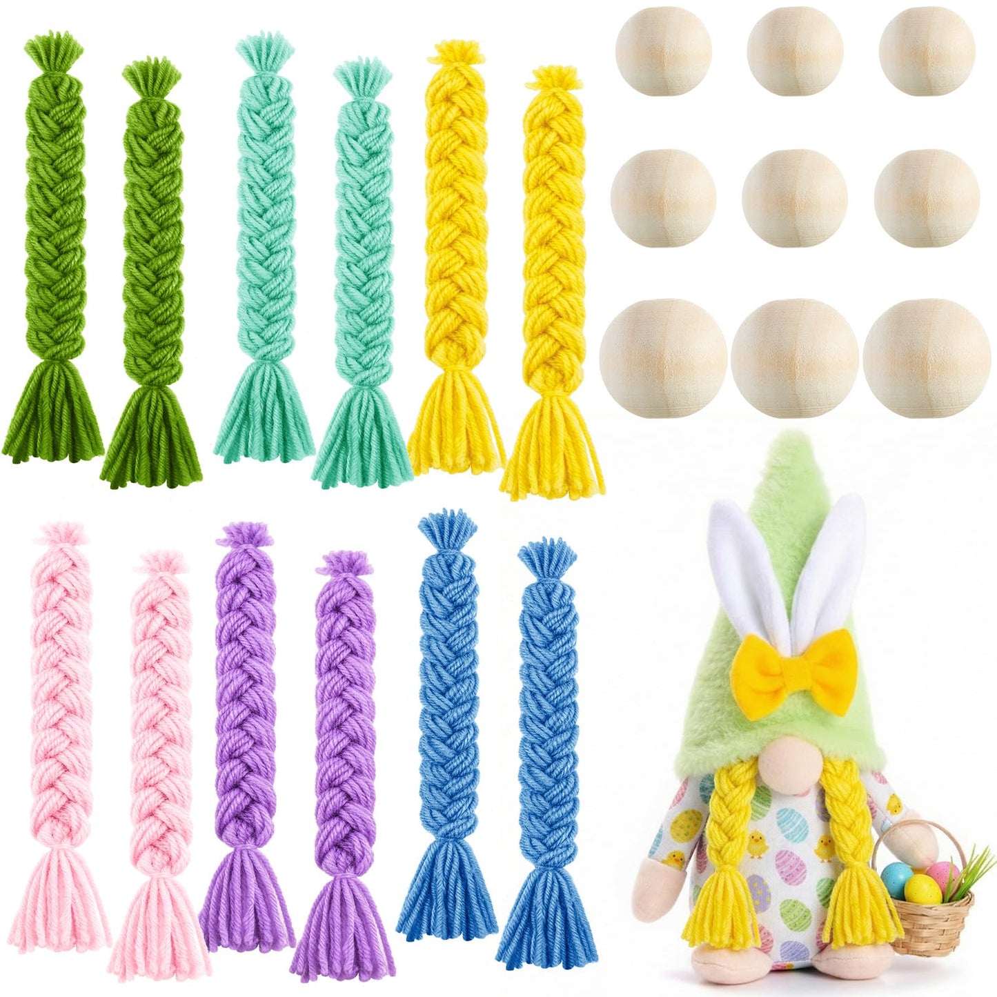 Syhood 21 Pcs Spring Gnome Braids for Crafting Summer Gnome Making Supplies for Easy Craft Pre Cut Dwarf Braid Beard and Small Unfinished Wooden Ball Nose Handmade Accessories