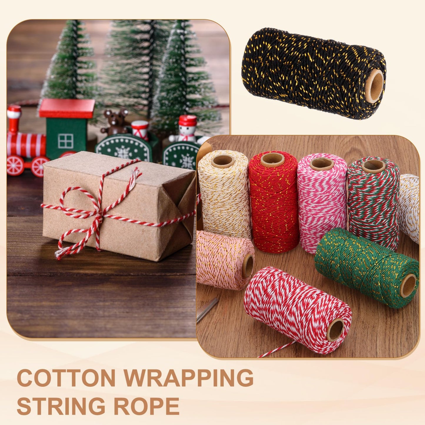 PATIKIL 2mm x 109 Yard Cotton Butcher Twine, 2 Roll Cotton Bakers Twine String Rope Cord for Gift Wrapping Arts Crafts Party Decorations Gardening, Gold Black
