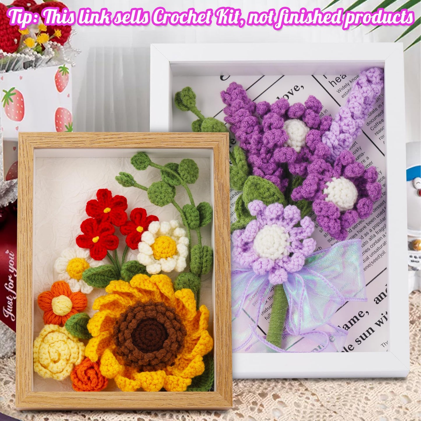 IMZAY Lavender Crochet Kit with Photo Frame, Lavender Knitting Weaving Set with Yarn, Hooks, Instruction, Stitching Markers, Fiber Fill, Floral Wire, Crochet Set for Mother's Day & Christmas