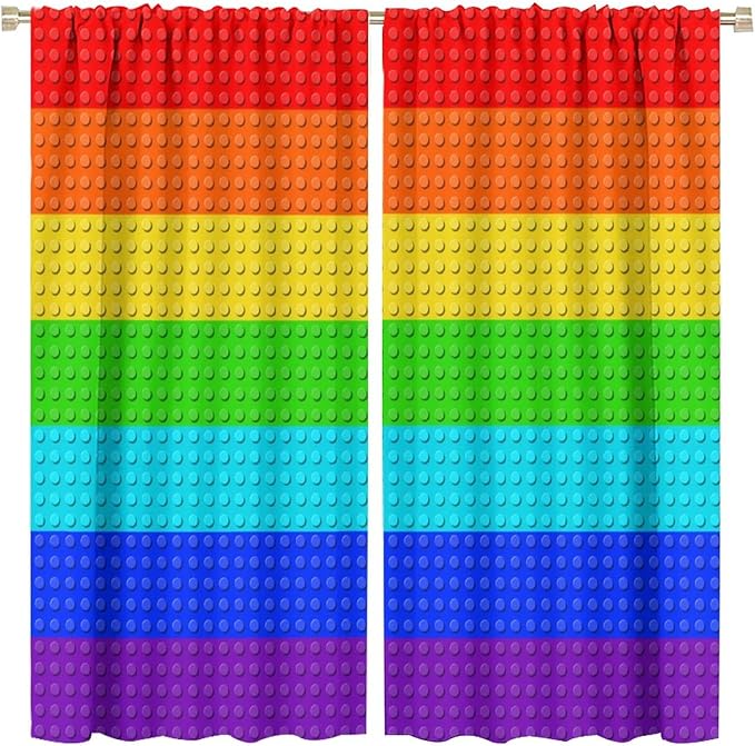 Colorful Building Block Toy Curtain Rod Pocket Children's Nursery Rainbow Contour Plastic Toy Brick Geometric Print Pattern Curtain Boys Girls Bedroom Playroom 2 Panels 63x63in