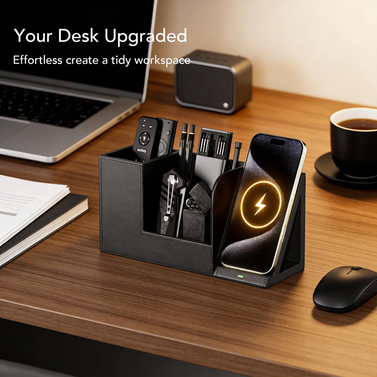 GORESE Desk Organizer with Charging Station, PU Leather Desktop Organizers with Phone Charging Stand for Office Home Nightstand, Practical Gifts for Men Who Want Nothing, Black