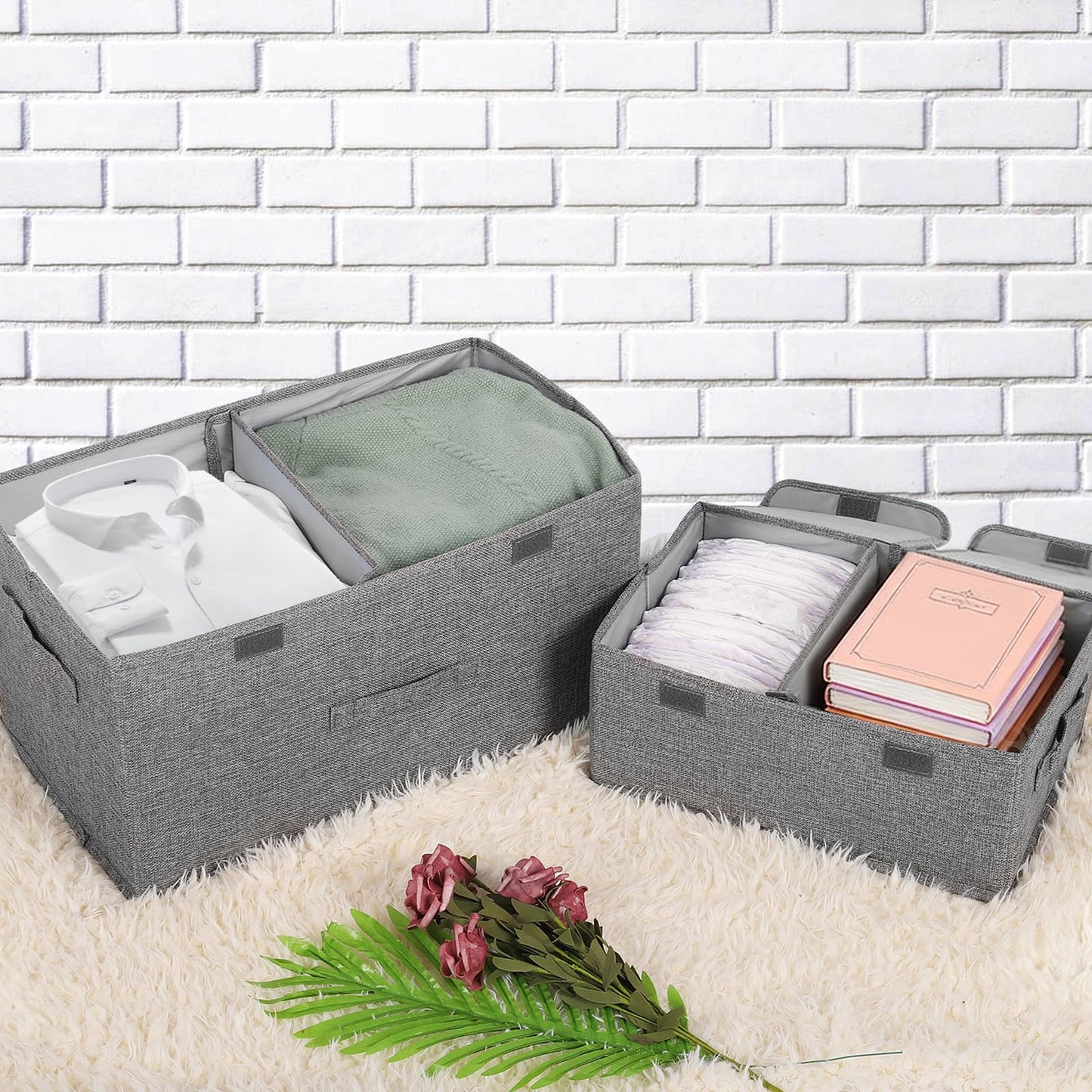 Valease 2 Pack Large Storage Boxes with Lids and Handles, Collapsible Linen Storage Bins Organizer Containers Baskets Cube with Removable Divider for Home Bedroom Closet Office (Pink, Small)