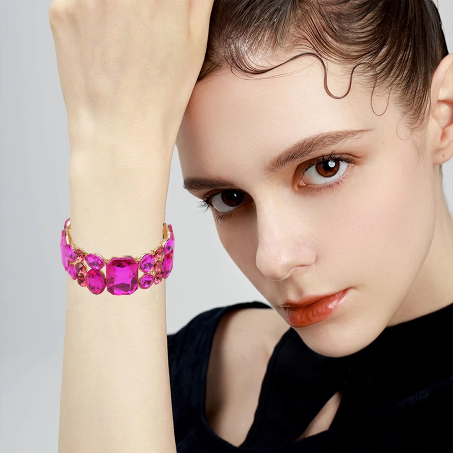 CSY Women's Statement Stretch Wide Bangle Bracelets Austrian Crystal Art Deco Elastic Bracelet for Party Prom (hot pink crystal)