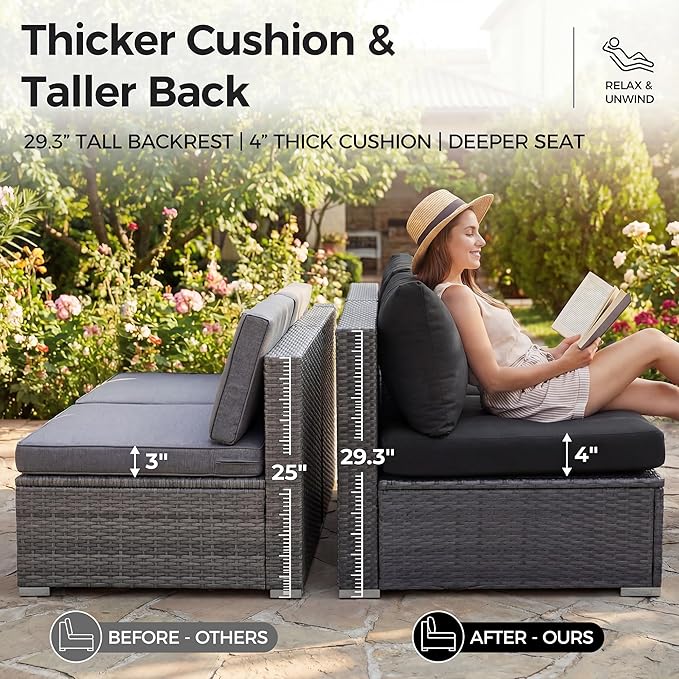 NICESOUL 10 Pcs Outdoor Sectional Set with Natural Gas/Propane Firepit Table, 29.3'' High-Back Patio Furniture Sofa Set, Oversized Rattan Couches for Backyard Garden Lawn, 2 Color Cushion Black & Gray
