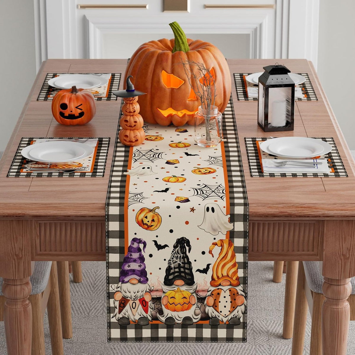 XCHI Spooky Boo Plaid Gnome Halloween Table Runner Party Table Decoration for Home Kitchen Dining Holiday Decor 13x108 Inch