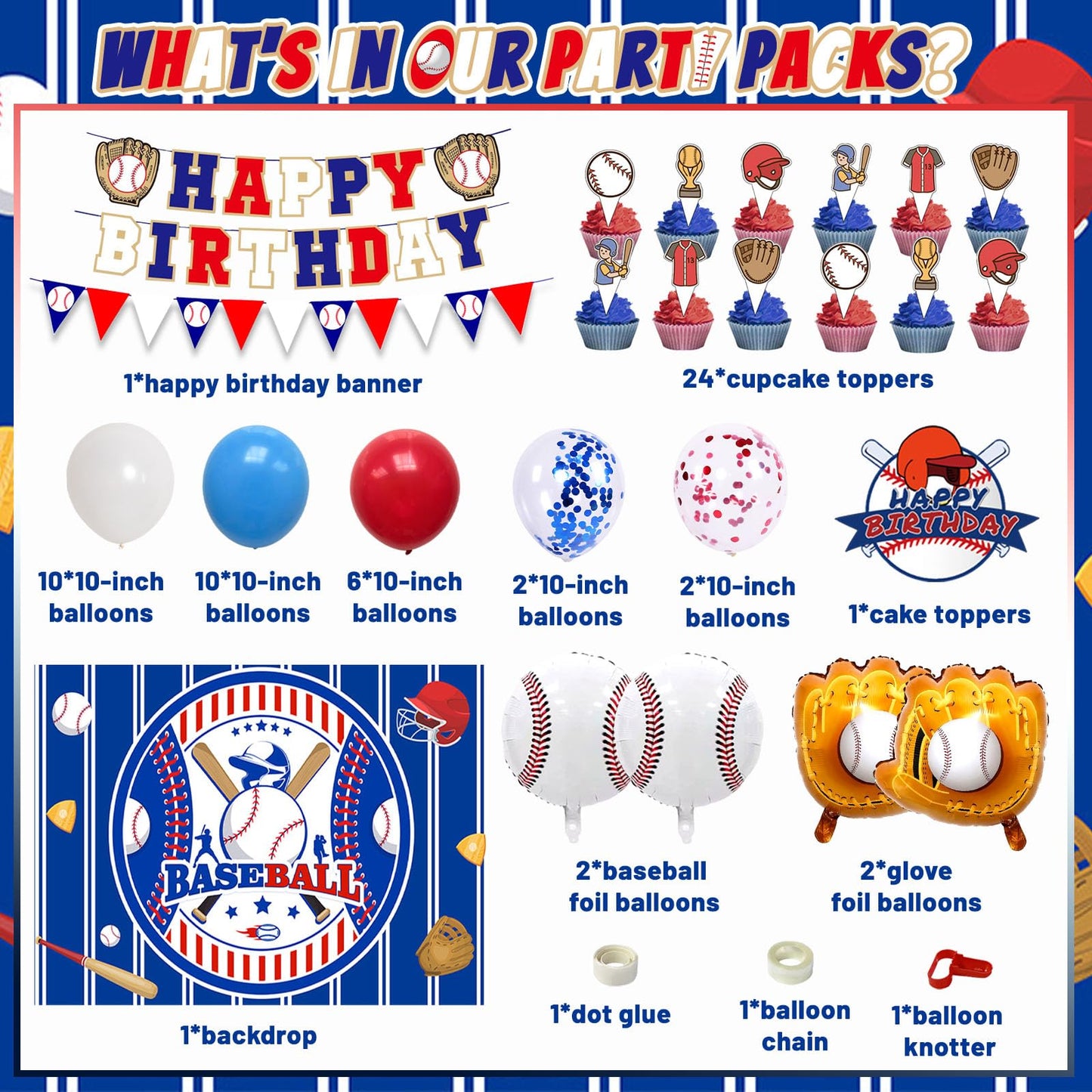 Baseball Birthday Party Decorations, 64 PCS Baseball Party Supplies Kit, Include Backdrop, Happy Birthday Banner, Balloons, Cupcake, Cake Toppers
