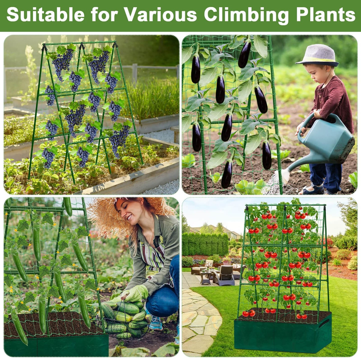 Tidponra Cucumber Trellis for Garden, 34 X 47 Inches A Frame Gardening Trellis with Fabric Raised Garden Bed, Climbing Net and Plant Support Clips for Climbing Plants
