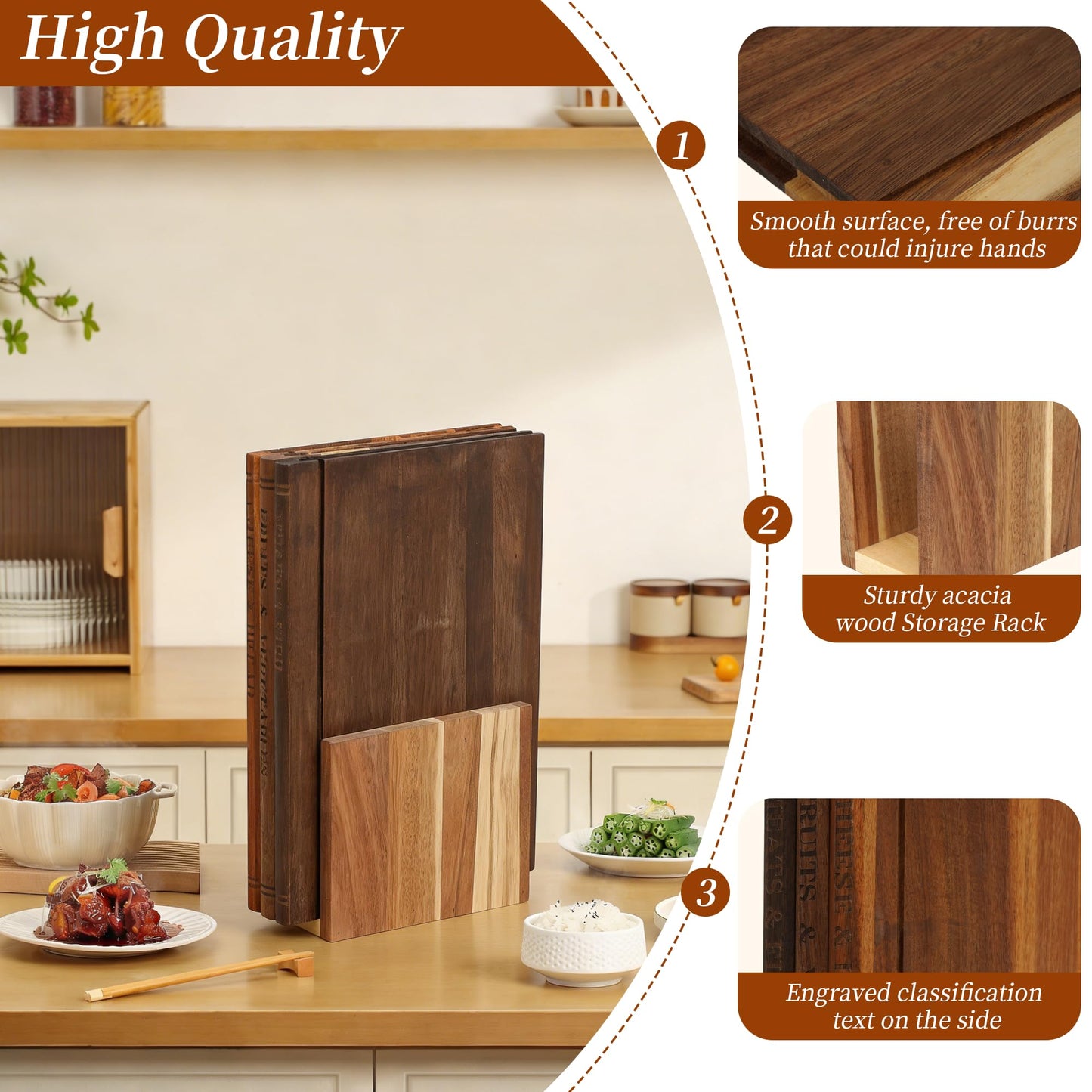 Book Cutting Board Set with Stand, Solid Acacia Book Shaped Cutting Board, 3pcs Bookshelf Cutting Board for Classify the food, Decorative Library Cutting Boards Set, Unique Gift for Book Lovers/Chefs