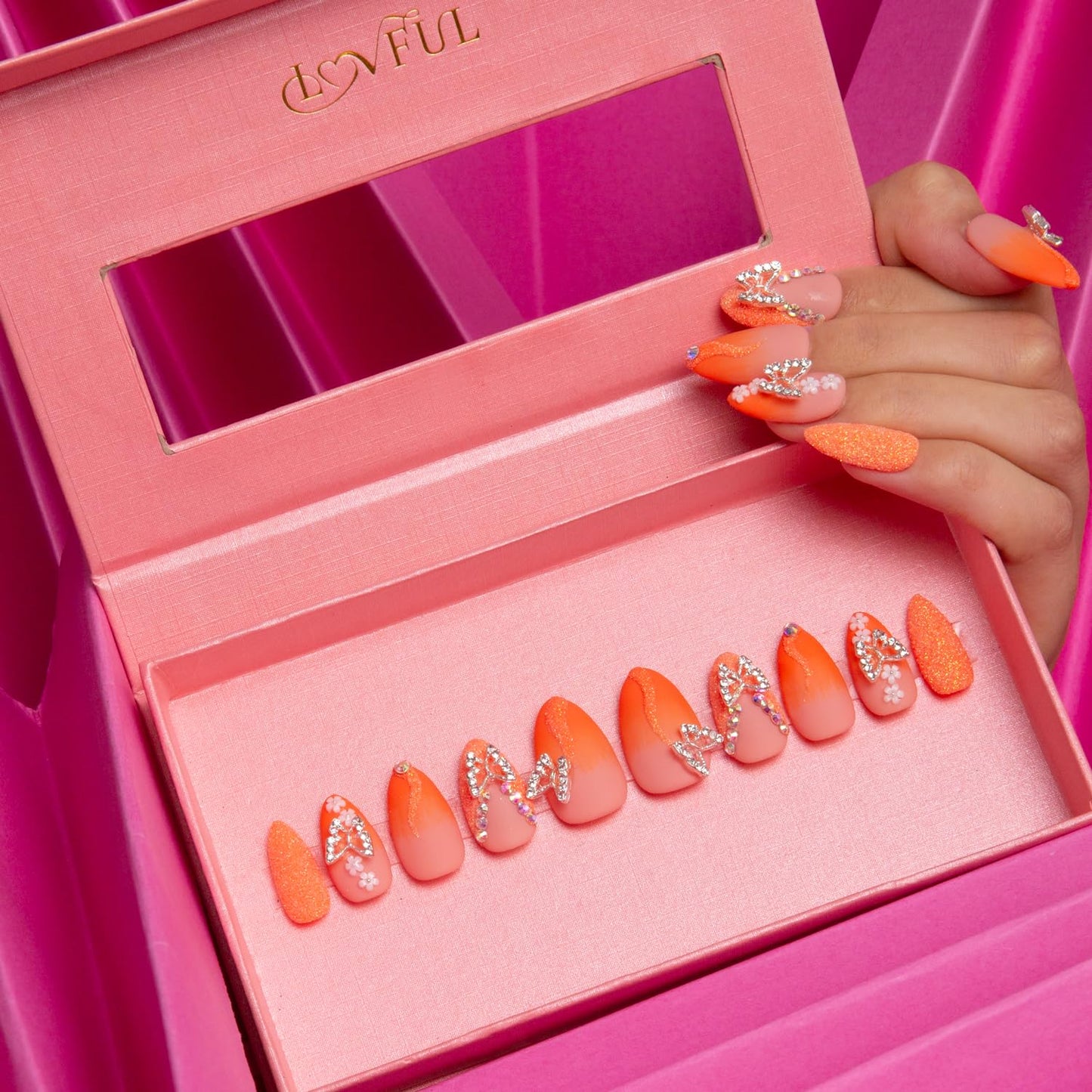 LOVFUL Press on Nails Citrus Bloom | Handmade with Full Covered Crystals | Reusable Fake Nails | Almond Regular 1.0 in | H209-L