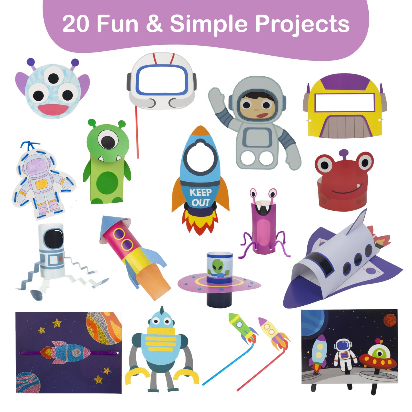 Craftikit® 20 Space Arts & Crafts for Kids - All-Inclusive Fun Toddler Craft Kit, Ages 3-10, Galaxy-Themed Activities