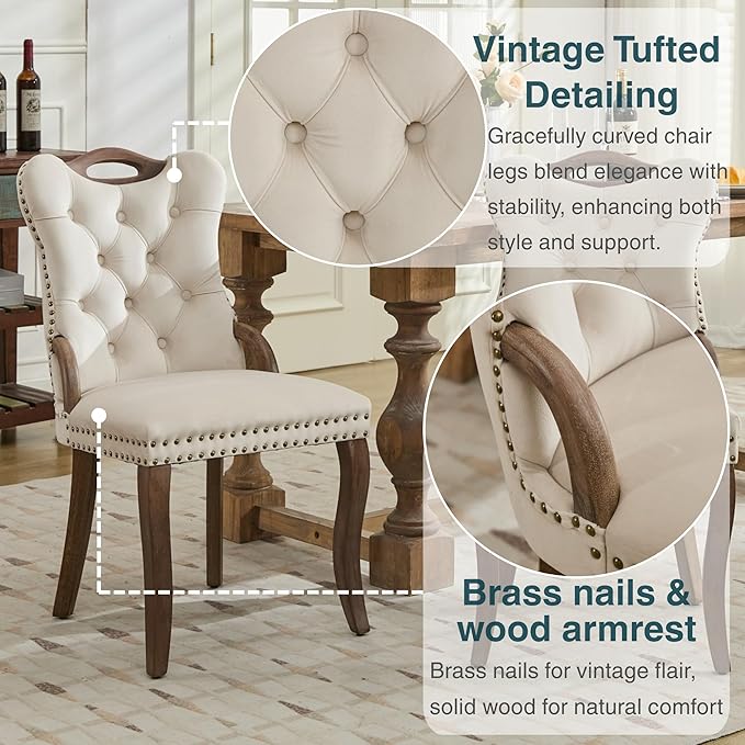 Velvet Dining Chairs Set of 2, Solid Wood Handles, Wooden Upholstered Dining Chair, Vintage Copper Nail Decoration, Mid Century Modern Kitchen Chair (Beige, Set of 2)