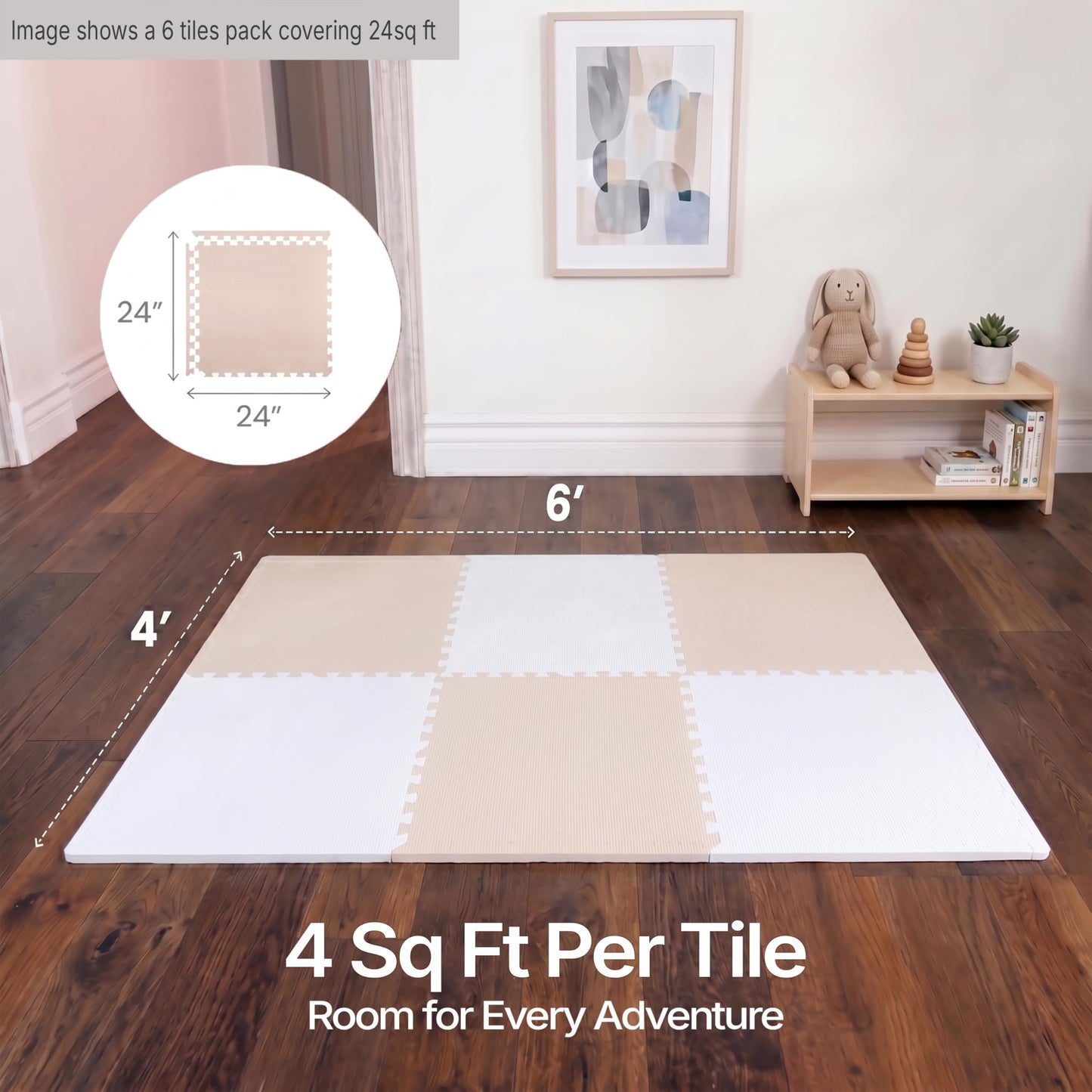 FlooringInc Baby Play Mat for Floor, Extra Large 2'x2' Foam Floor Tiles for Kids, Soft Interlocking Puzzle Mat, 1/2 Inch Thick, Non-Toxic EVA (Moonbeam, 6 Tile Pack, 24 Sq Ft)