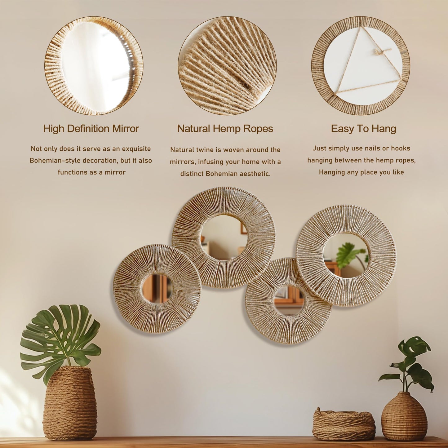 Artilady 4 Pack Hanging Baskets Wall Art - Decorative Woven Wicker Basket Boho Wall Hanging, Rustic Round Mirrors Natural Jute Home Decor Set for Bedroom Living Room Nursery