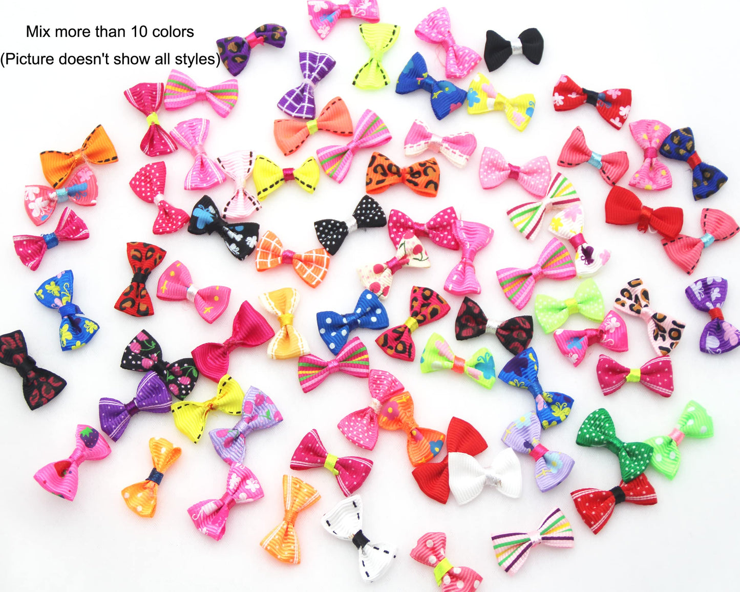 100Pcs Mix Style Mini Satin Ribbon Bows Ties Grosgrain Tiny Bows Little Bowknot Flower Embellishments for Craft Projects, Card Making, Sewing, Gift Wrapping (Colorful)