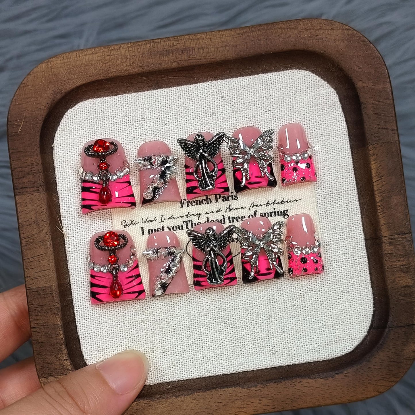 TENPAL 10Pcs Handmade Gothic Press-On Nails with Duck Shape,Glossy Zebra French Short Tips Duck Fake Nails,3D Metal Butterfly & Rivet Designs Glue on Nails,Edgy Glam Reusable Coffin Duckbill Nails(M)