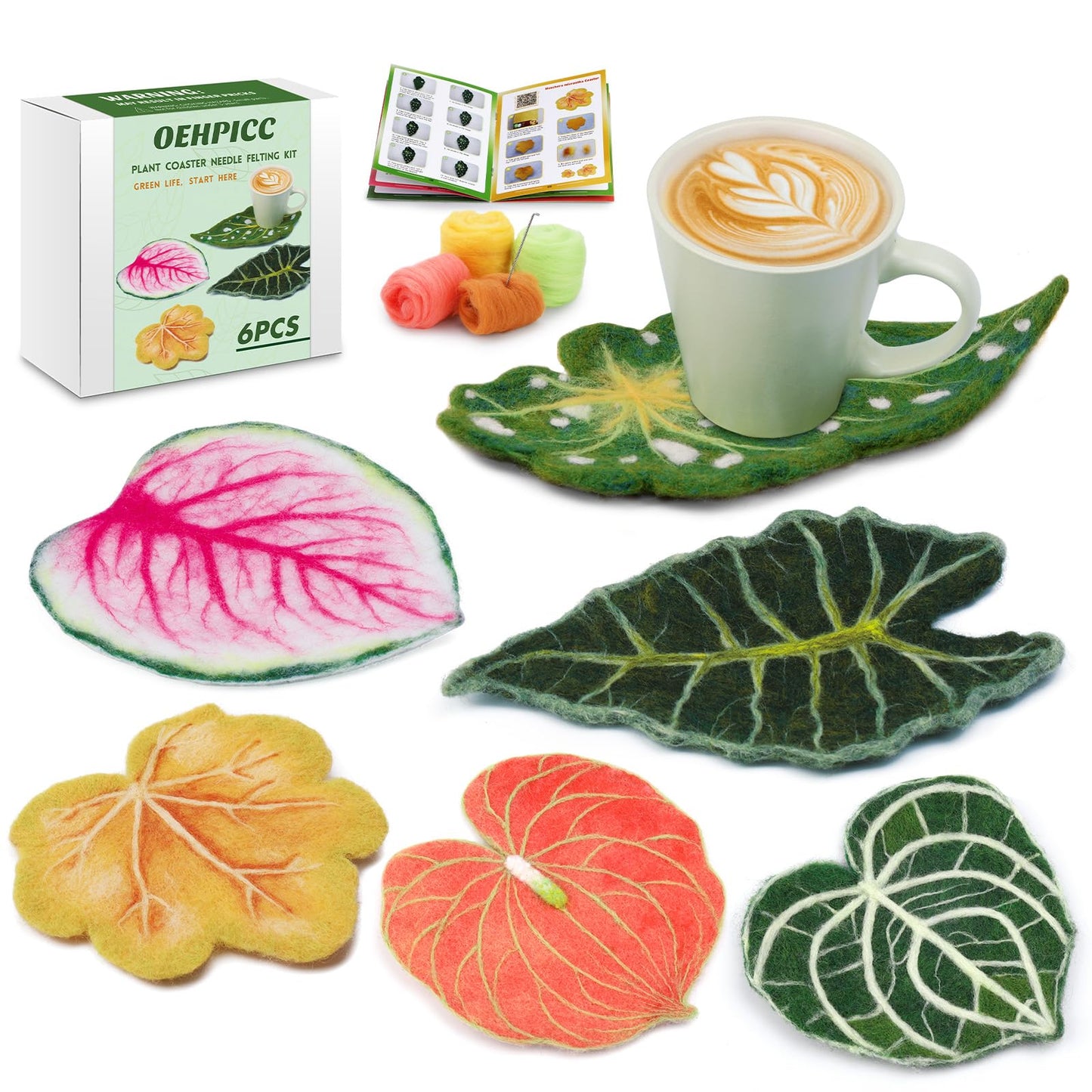 OEHPICC Needle Felting Kit, 6 Pcs Plant Leaf Coasters Needle Felting Starter Kit,Wool Felting Kit with Wool Roving, Foam Pad and Instructions for DIY Felting Starters