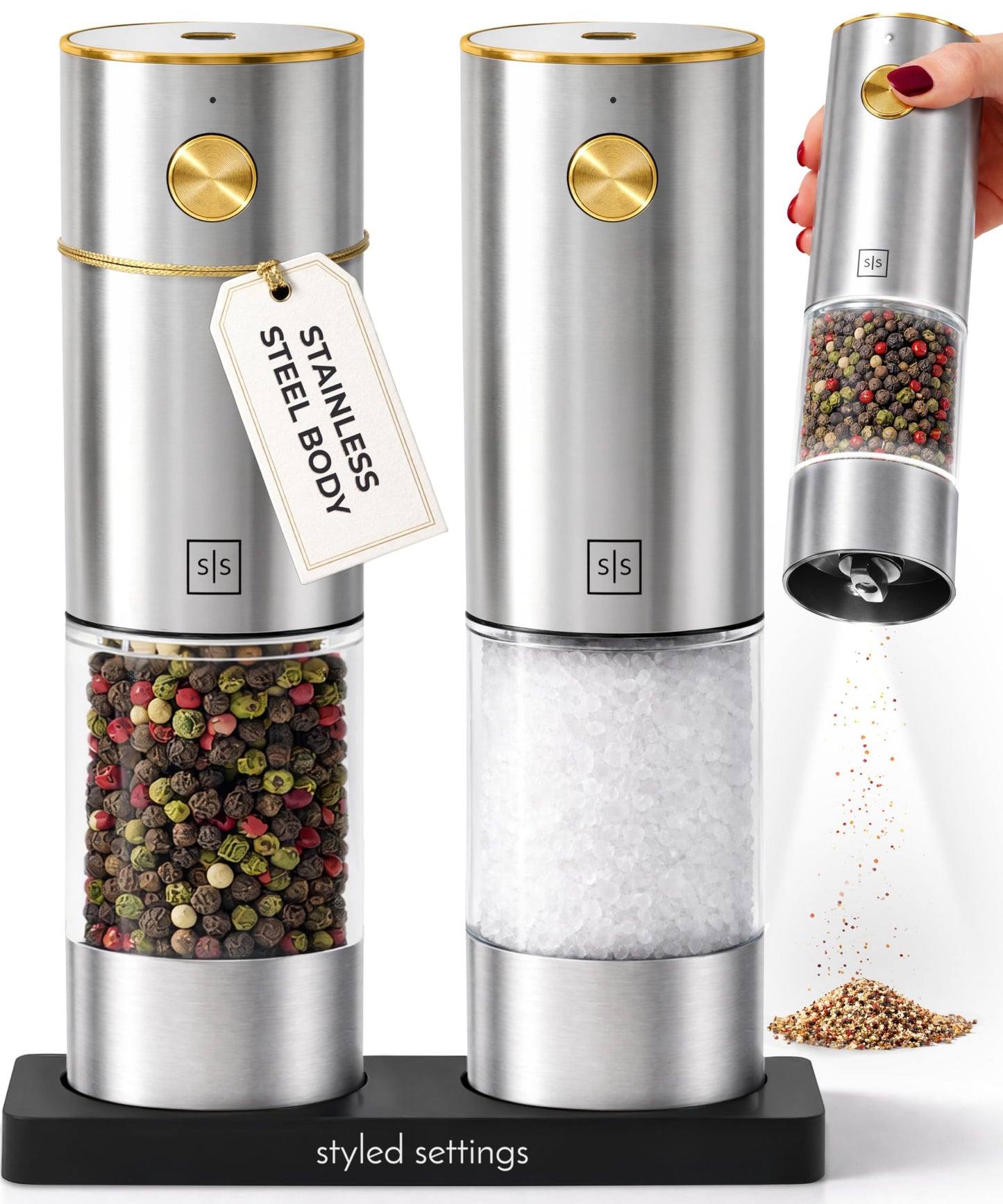Electric Salt and Pepper Grinder Set Rechargeable – Stainless Steel Salt and Pepper Grinder Set with LED Light, USB Charging, Adjustable Coarseness, Kitchen Gadget Gift for Home Cooks