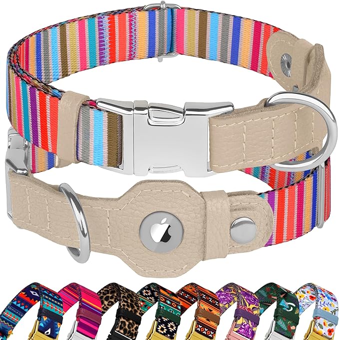 AirTag Dog Collar for Small Medium Large Breed - Adjustable Cute Pattern Dog Collar with Airtag Holder - Soft Leather Tracker GPS Apple Air Tag Pet Collars (X-Large, 20"-25" Neck Fit, Navajo)