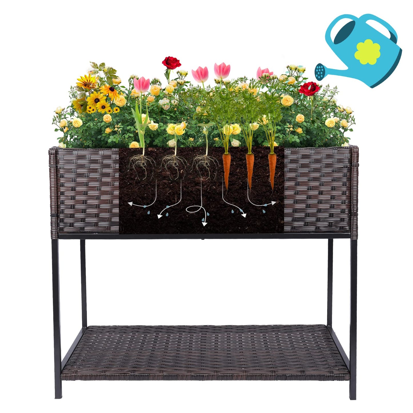 Chonsun Raised Garden Bed - 3x1.5x2.5 ft Rattan Raised Bed Wicker Elevated Raised Garden Bed with Underneath Tool Storage Rack Shelf, Outdoor Raised Flower Planter Box